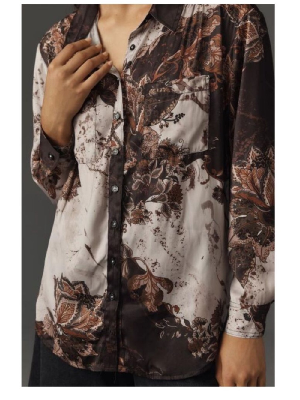 Anthropologie Brown Floral Print Button-Up Shirt Sz Small